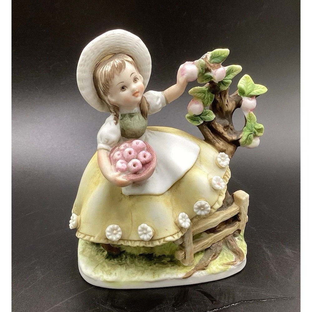 Vintage Lefton Hand Painted Little Girl Picking Apples Ceramic Figurine 4.5" T